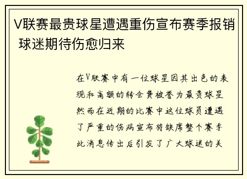 V联赛最贵球星遭遇重伤宣布赛季报销 球迷期待伤愈归来