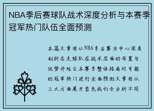 NBA季后赛球队战术深度分析与本赛季冠军热门队伍全面预测